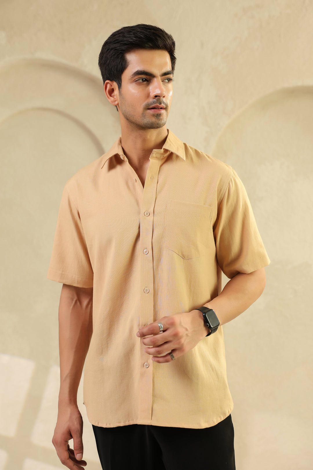 Beige Linen Blend Half Sleeve Shirt