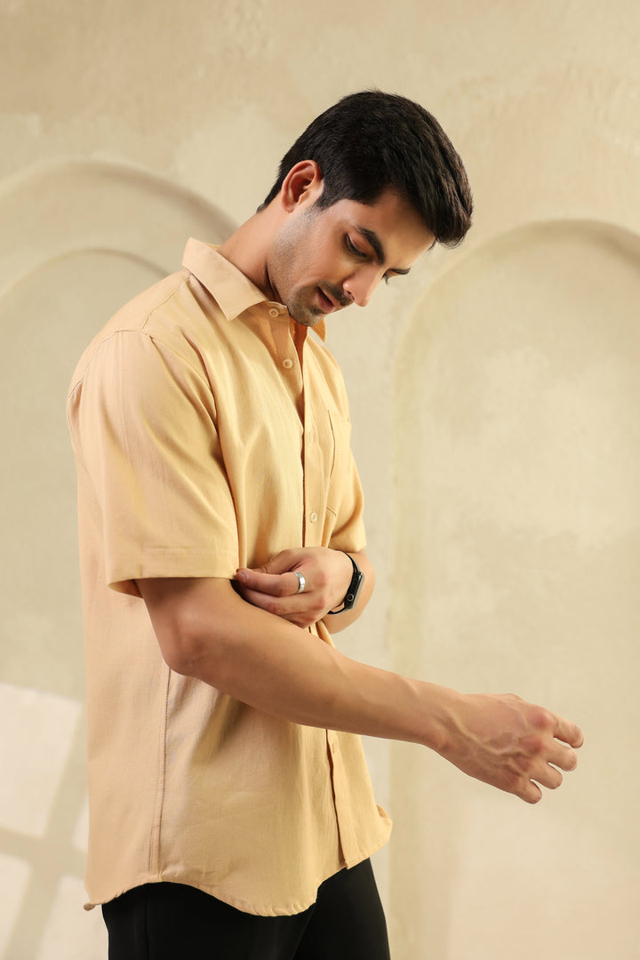 Beige Linen Blend Half Sleeve Shirt