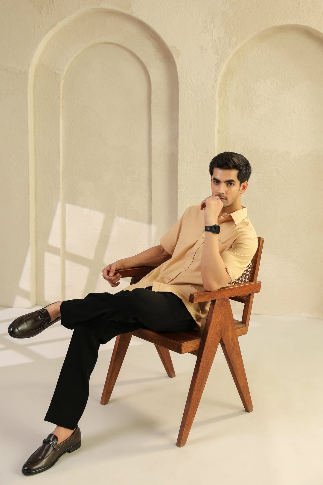 Beige Linen Blend Half Sleeve Shirt