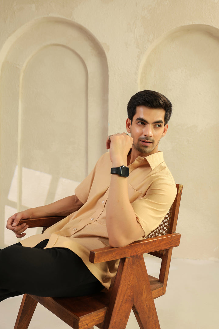Beige Linen Blend Half Sleeve Shirt