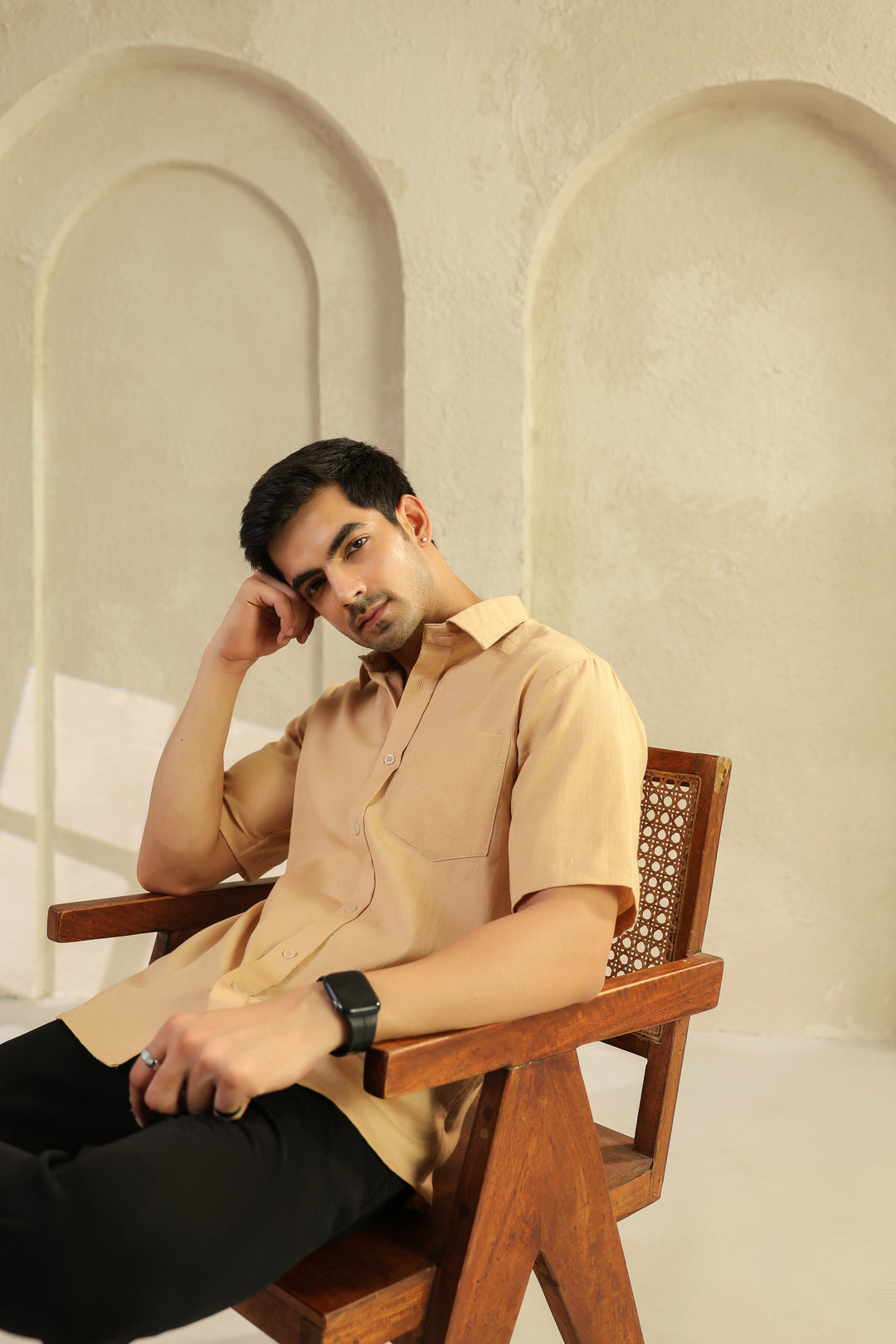 Beige Linen Blend Half Sleeve Shirt