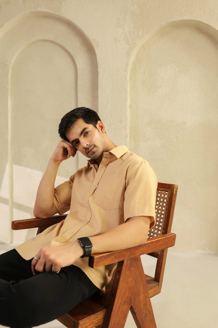 Beige Linen Blend Half Sleeve Shirt