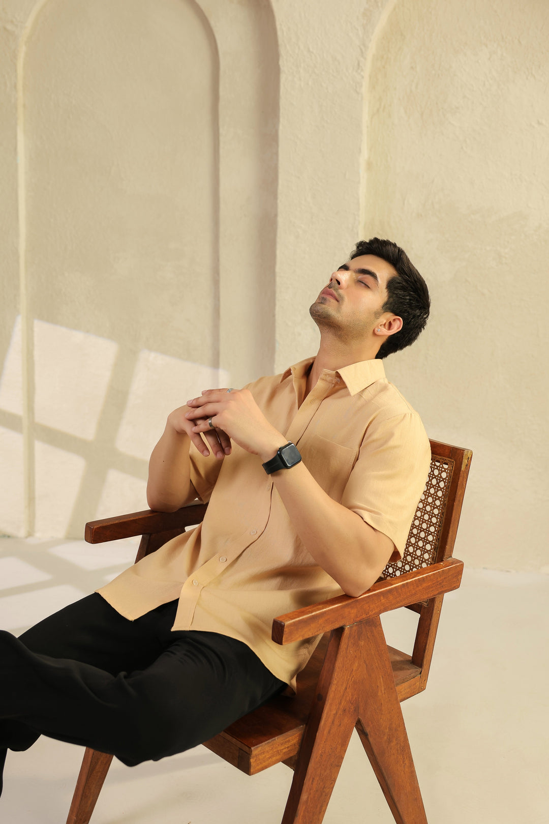 Beige Linen Blend Half Sleeve Shirt