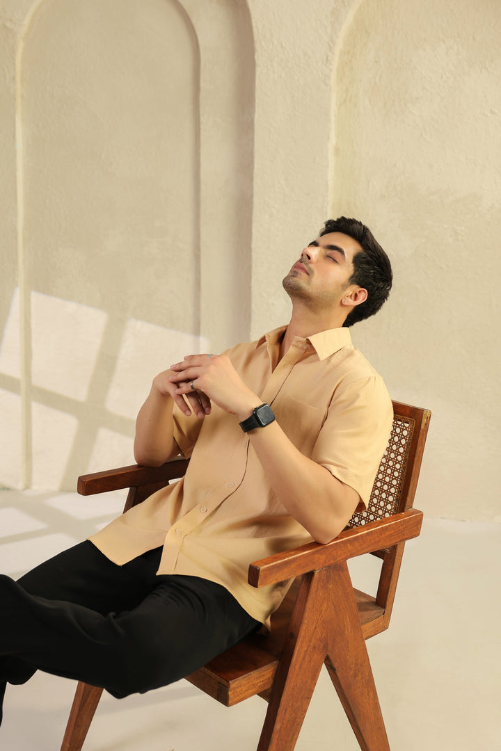 Beige Linen Blend Half Sleeve Shirt