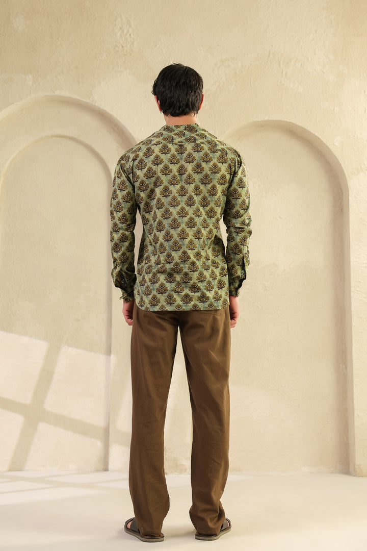 Olive Printed Cotton Shirt Kurta