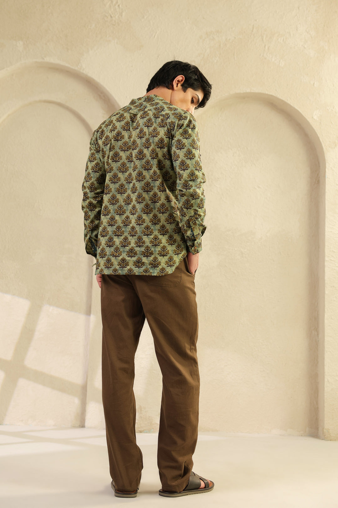 Olive Printed Cotton Shirt Kurta