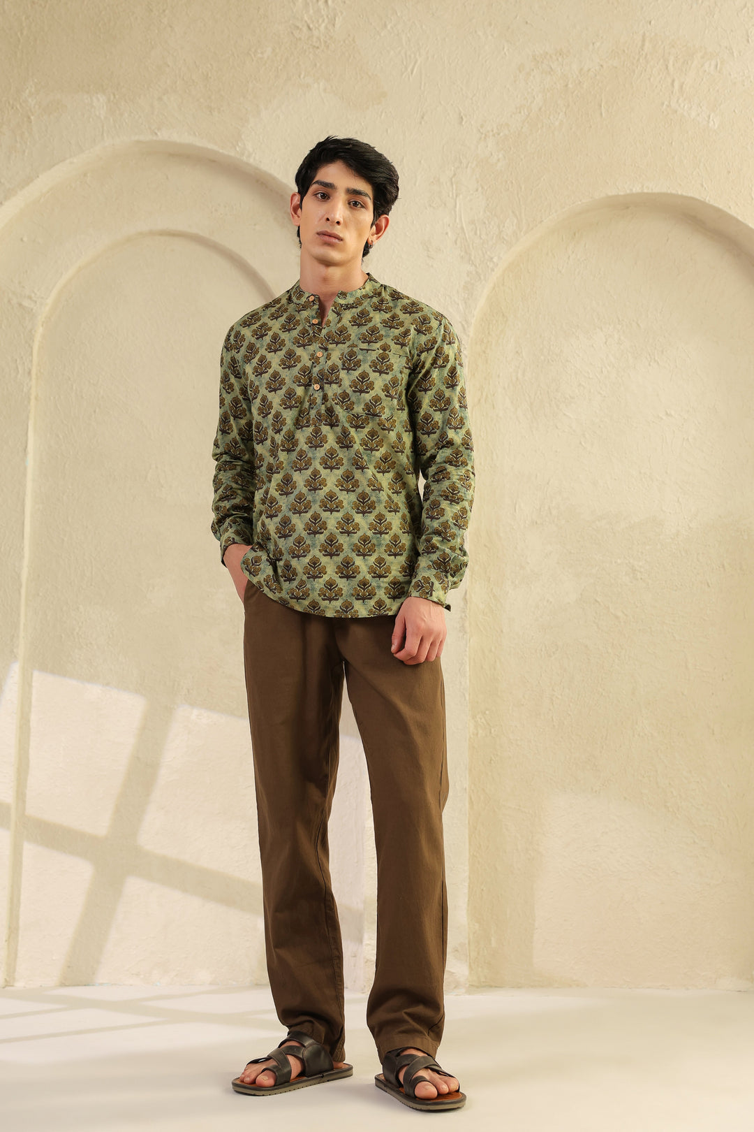 Olive Printed Cotton Shirt Kurta