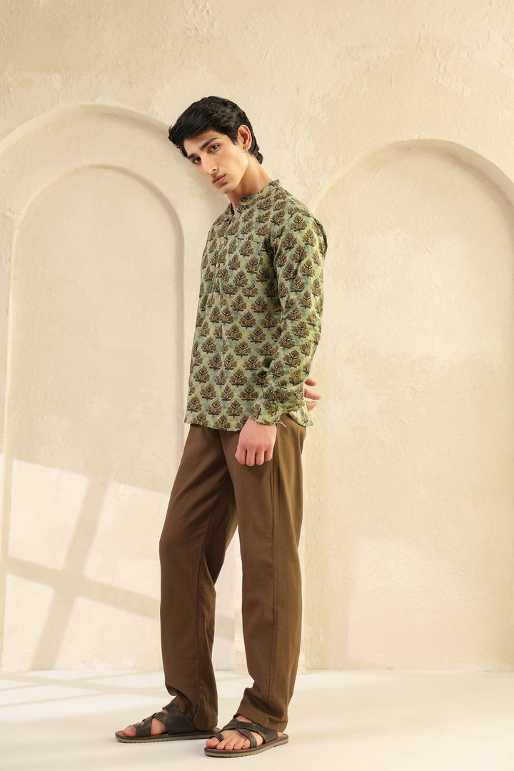 Olive Printed Cotton Shirt Kurta