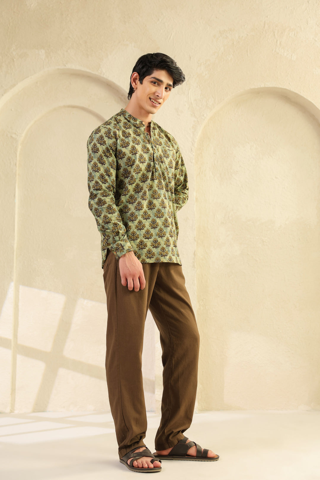 Olive Printed Cotton Shirt Kurta