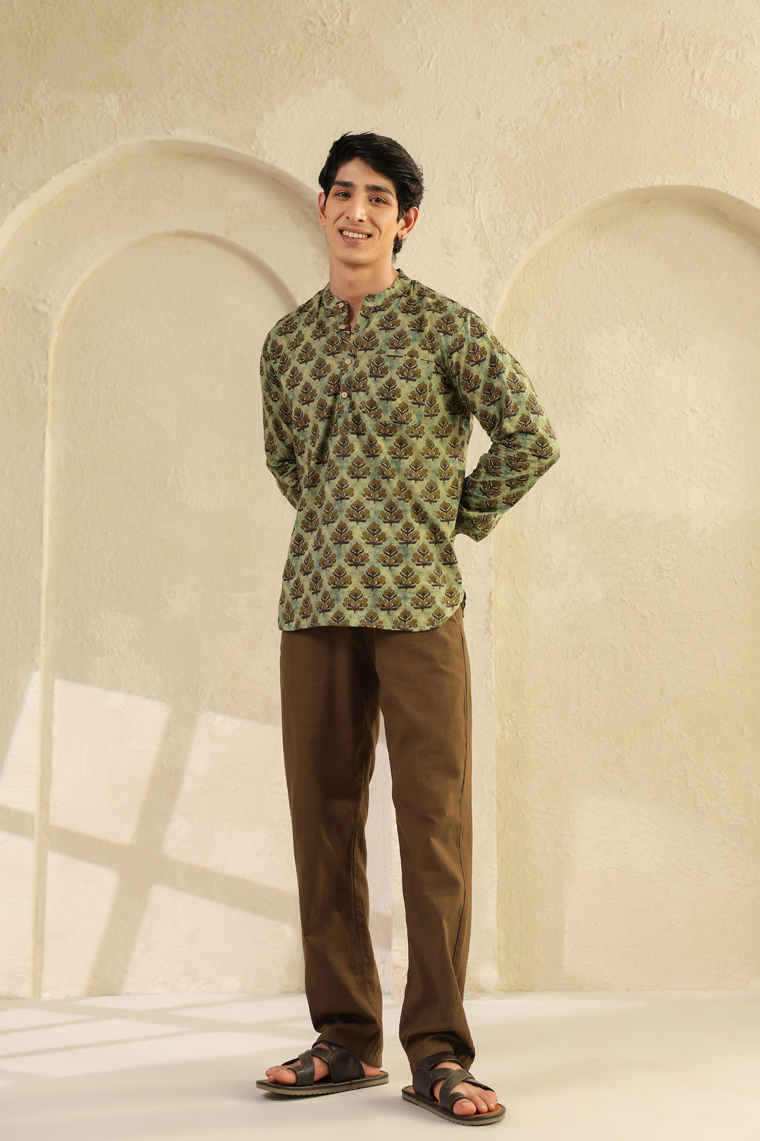 Olive Printed Cotton Shirt Kurta