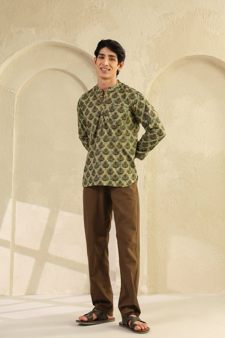 Olive Printed Cotton Shirt Kurta