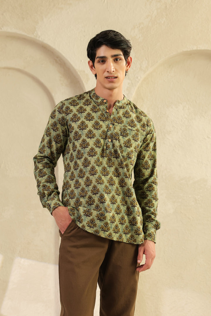 Olive Printed Cotton Shirt Kurta
