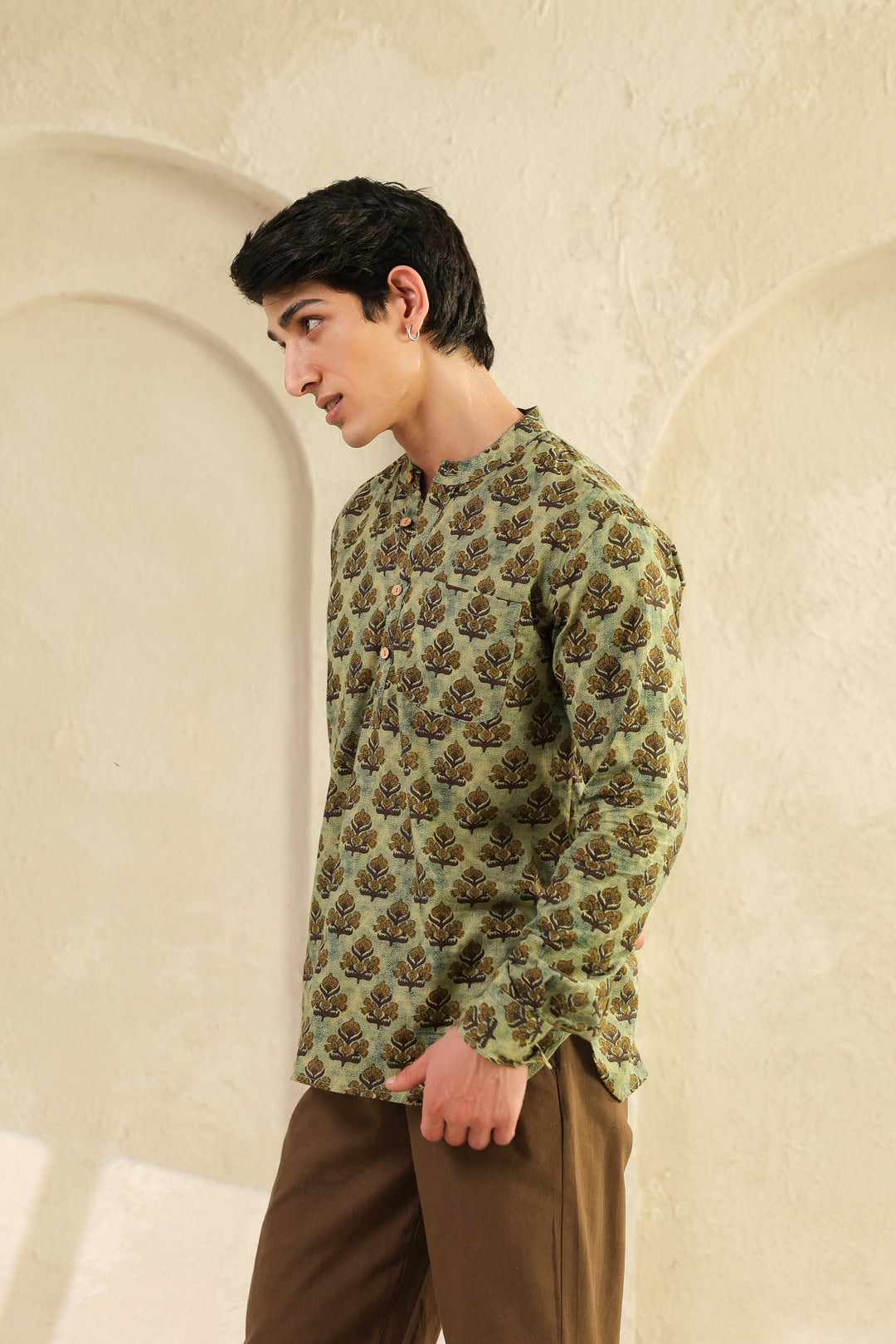 Olive Printed Cotton Shirt Kurta