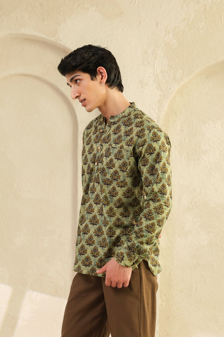 Olive Printed Cotton Shirt Kurta