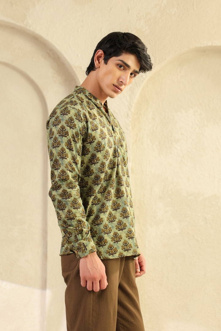 Olive Printed Cotton Shirt Kurta