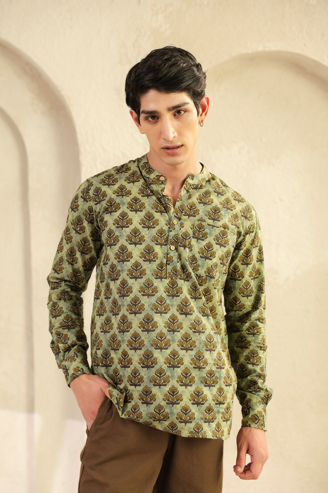 Olive Printed Cotton Shirt Kurta