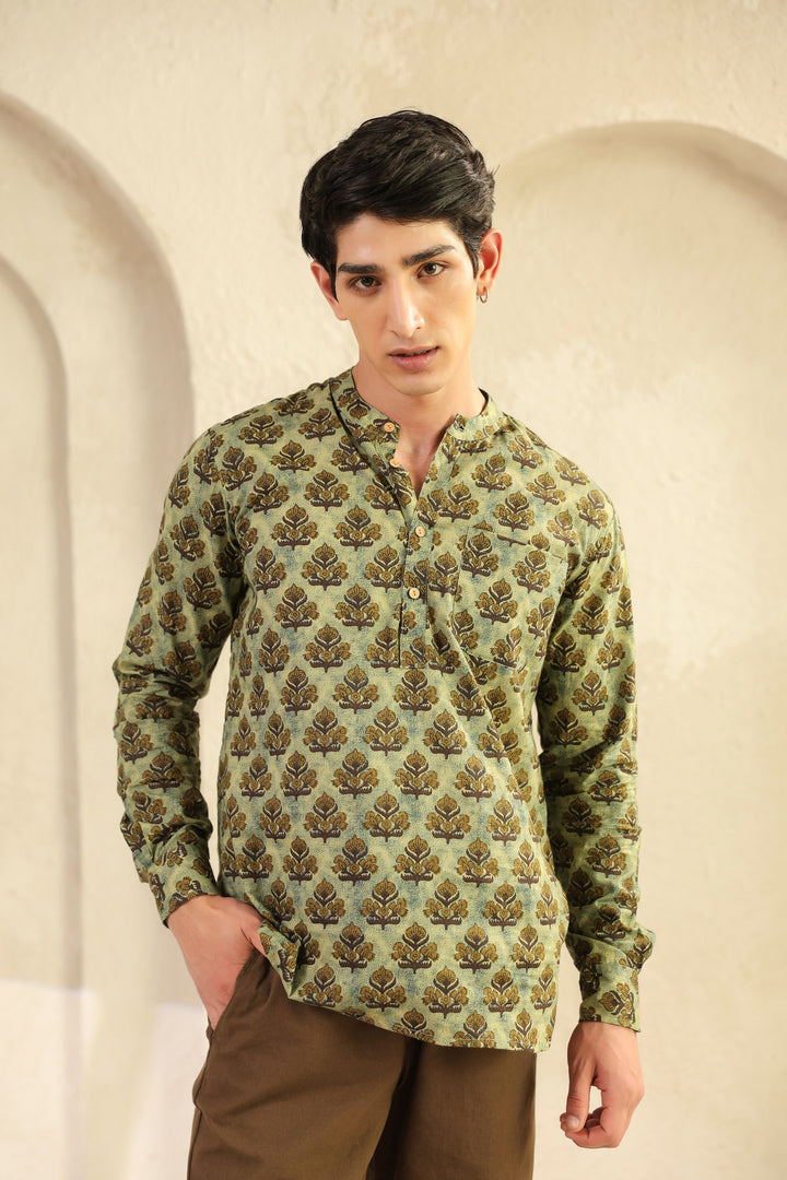Olive Printed Cotton Shirt Kurta