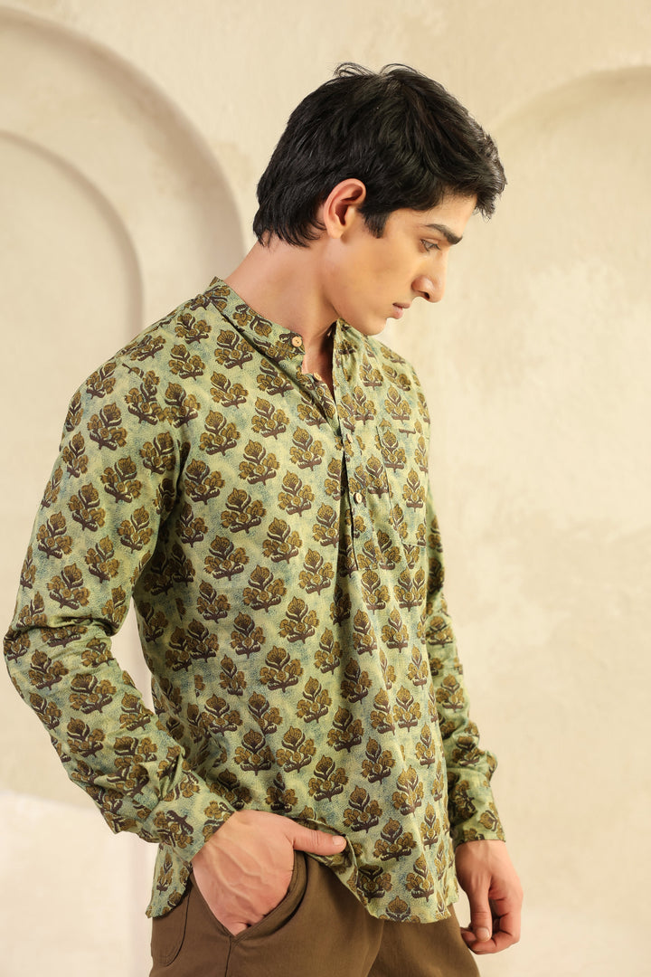 Olive Printed Cotton Shirt Kurta