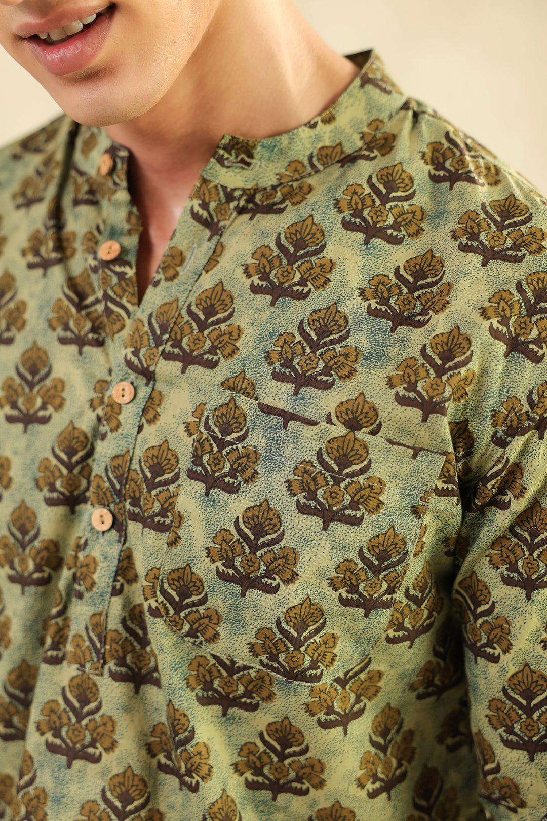 Olive Printed Cotton Shirt Kurta