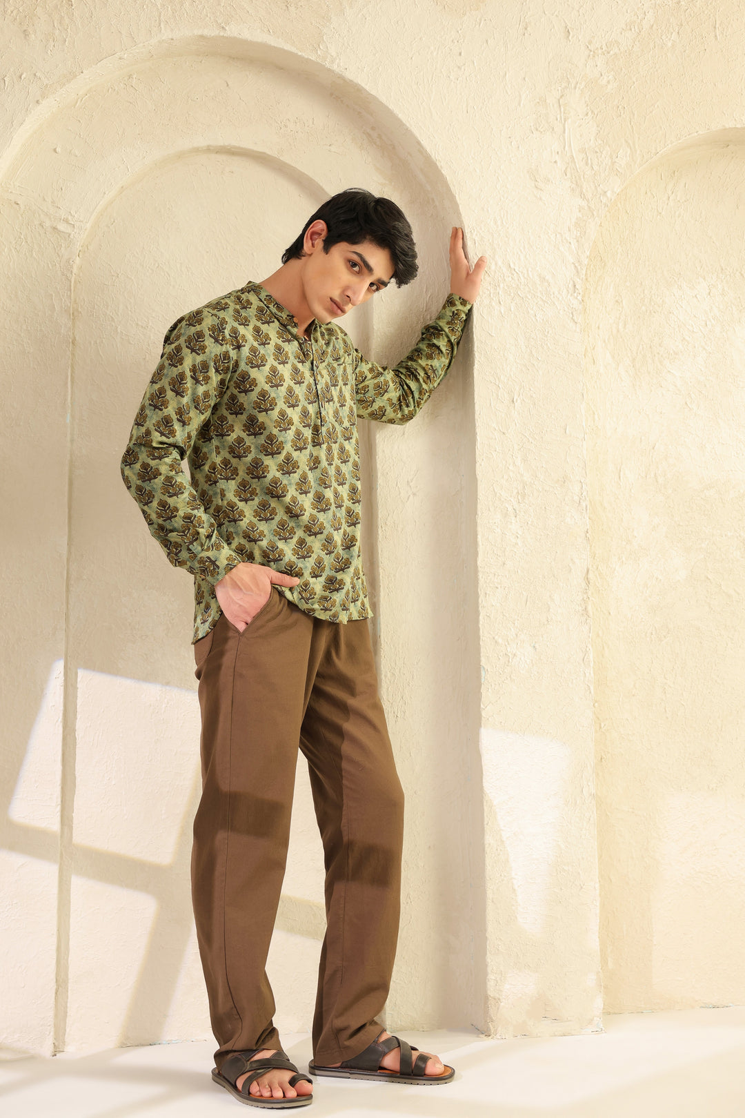 Olive Printed Cotton Shirt Kurta