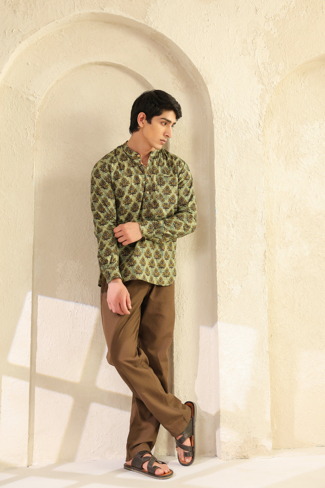 Olive Printed Cotton Shirt Kurta