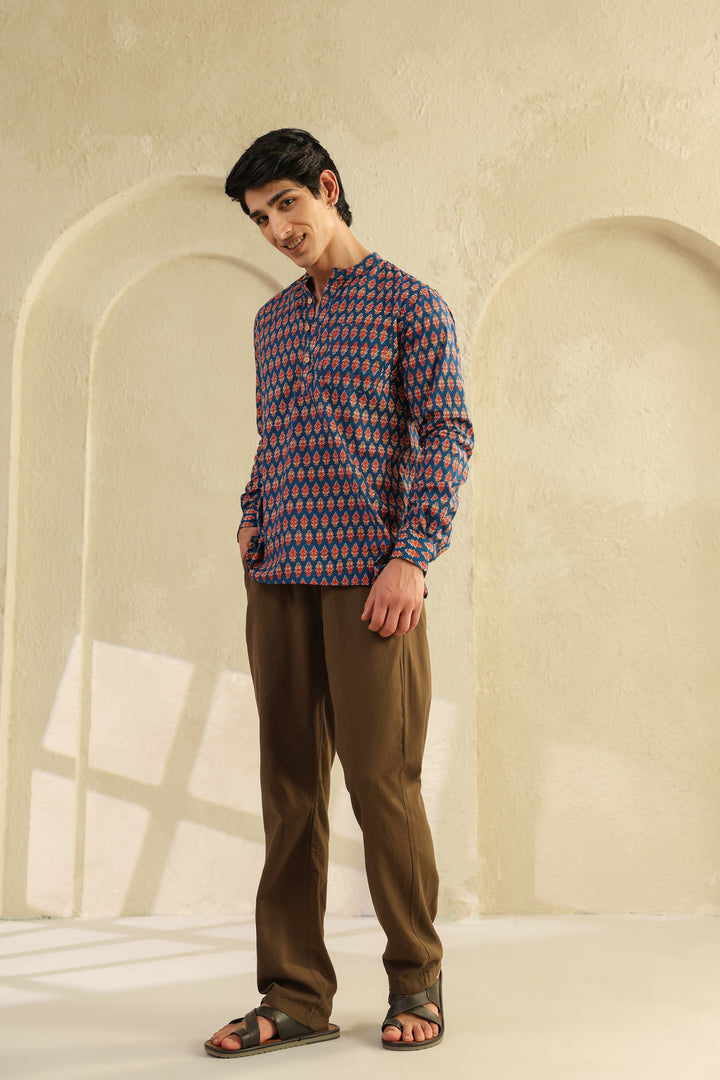Blue Printed Cotton Shirt Kurta