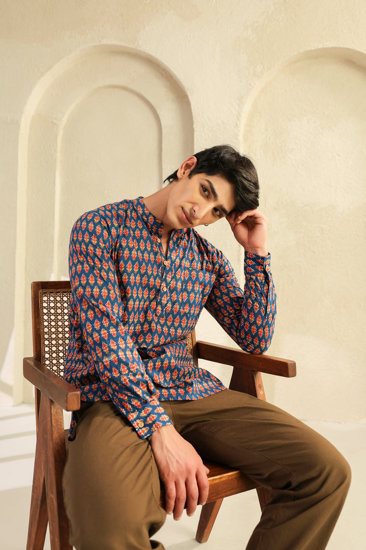Blue Printed Cotton Shirt Kurta