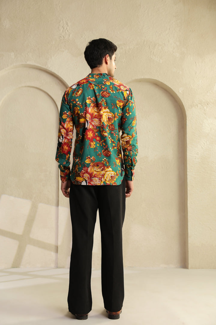 Teal Floral Regular Shirt Kurta