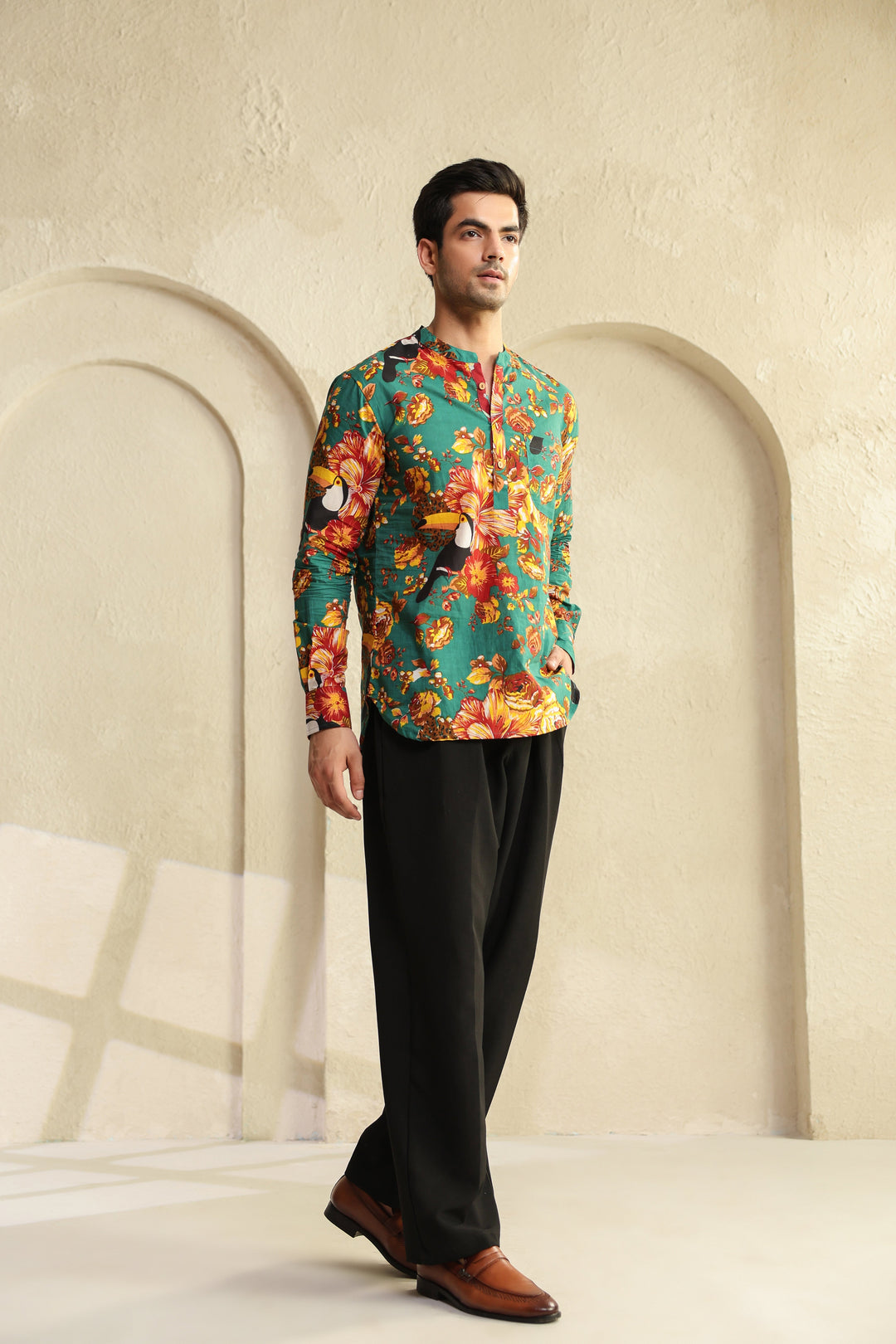 Teal Floral Regular Shirt Kurta