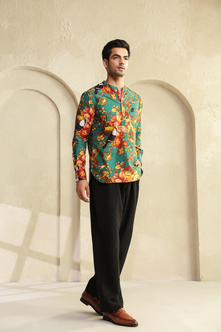 Teal Floral Regular Shirt Kurta