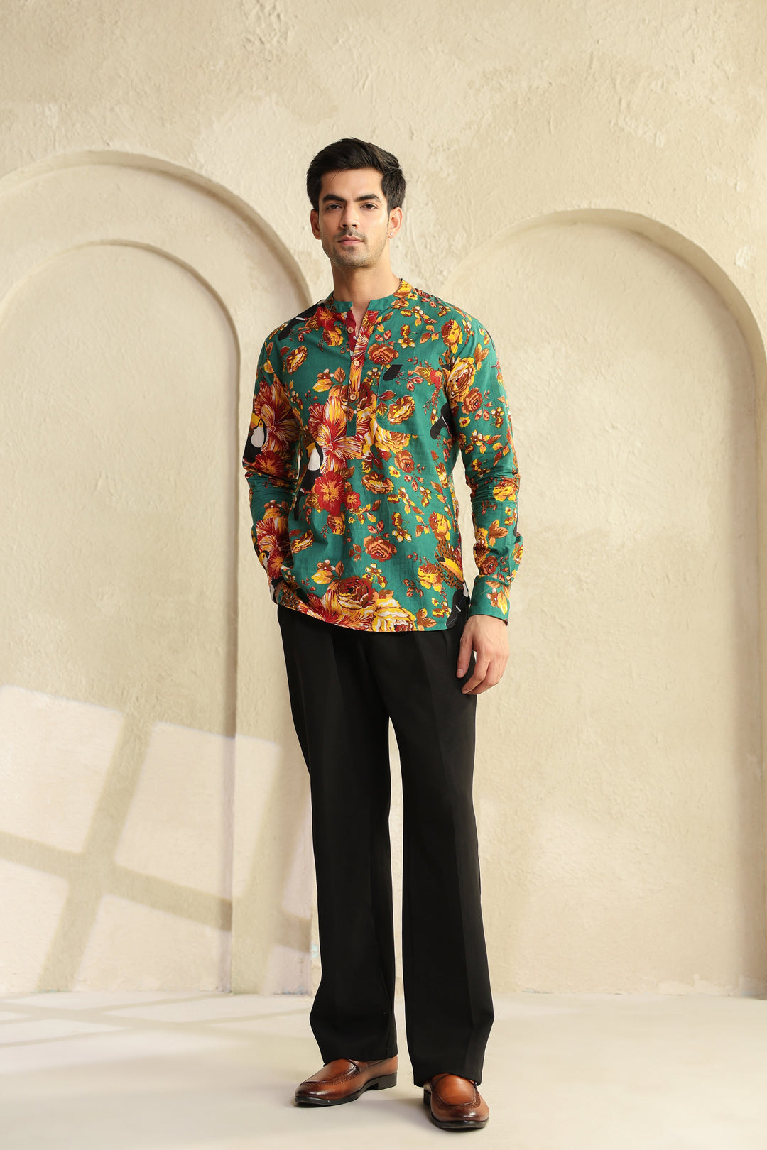 Teal Floral Regular Shirt Kurta