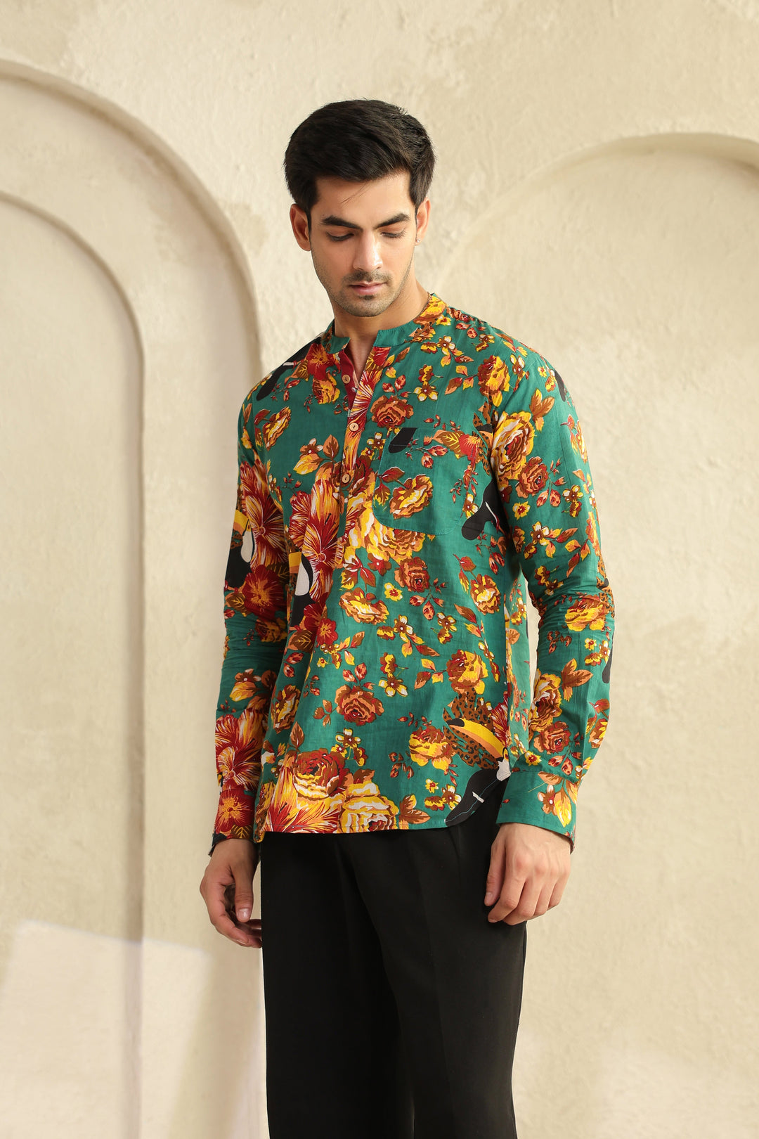 Teal Floral Regular Shirt Kurta