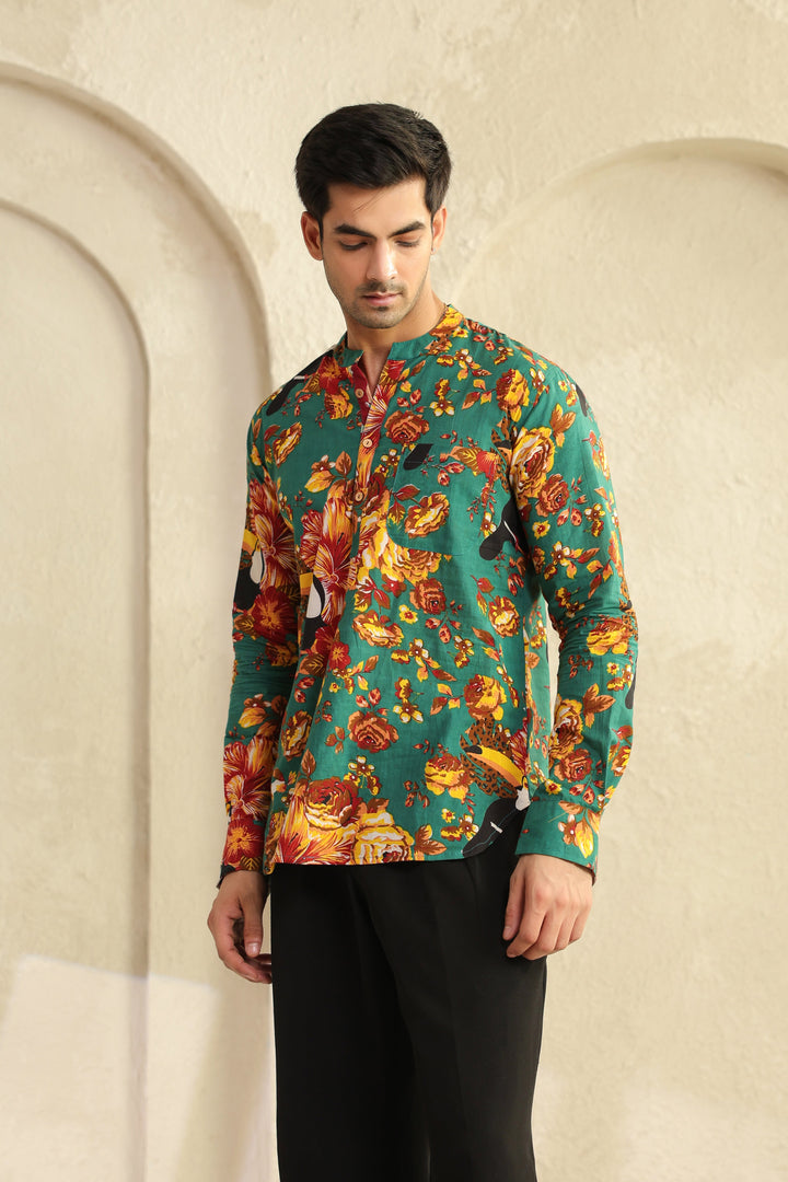 Teal Floral Regular Shirt Kurta