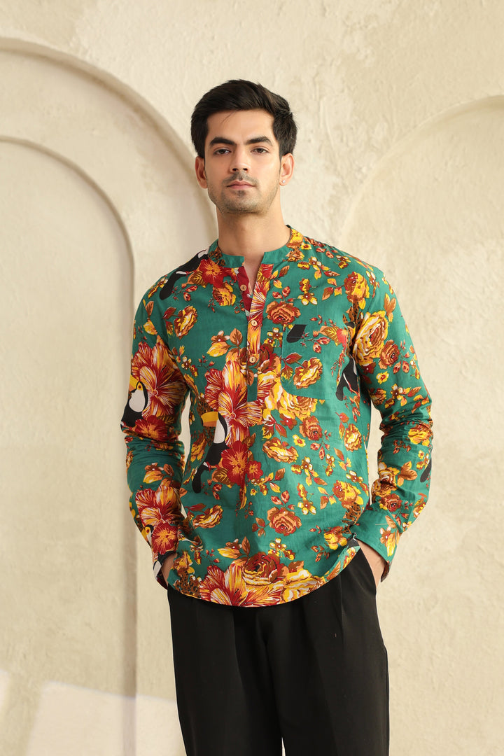 Teal Floral Regular Shirt Kurta