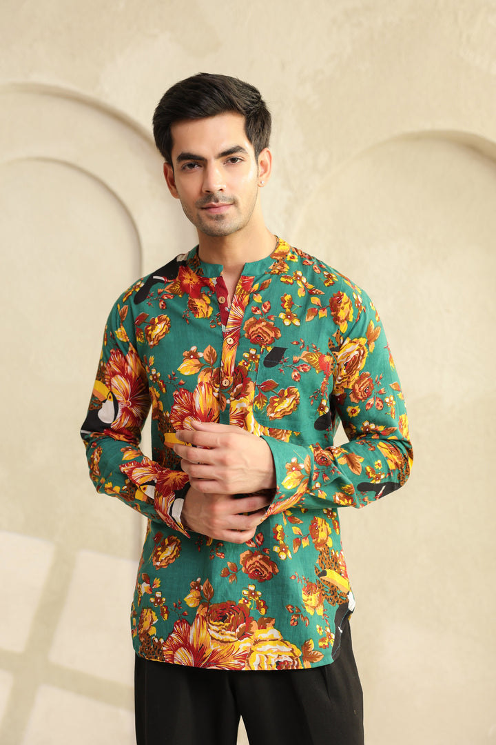 Teal Floral Regular Shirt Kurta