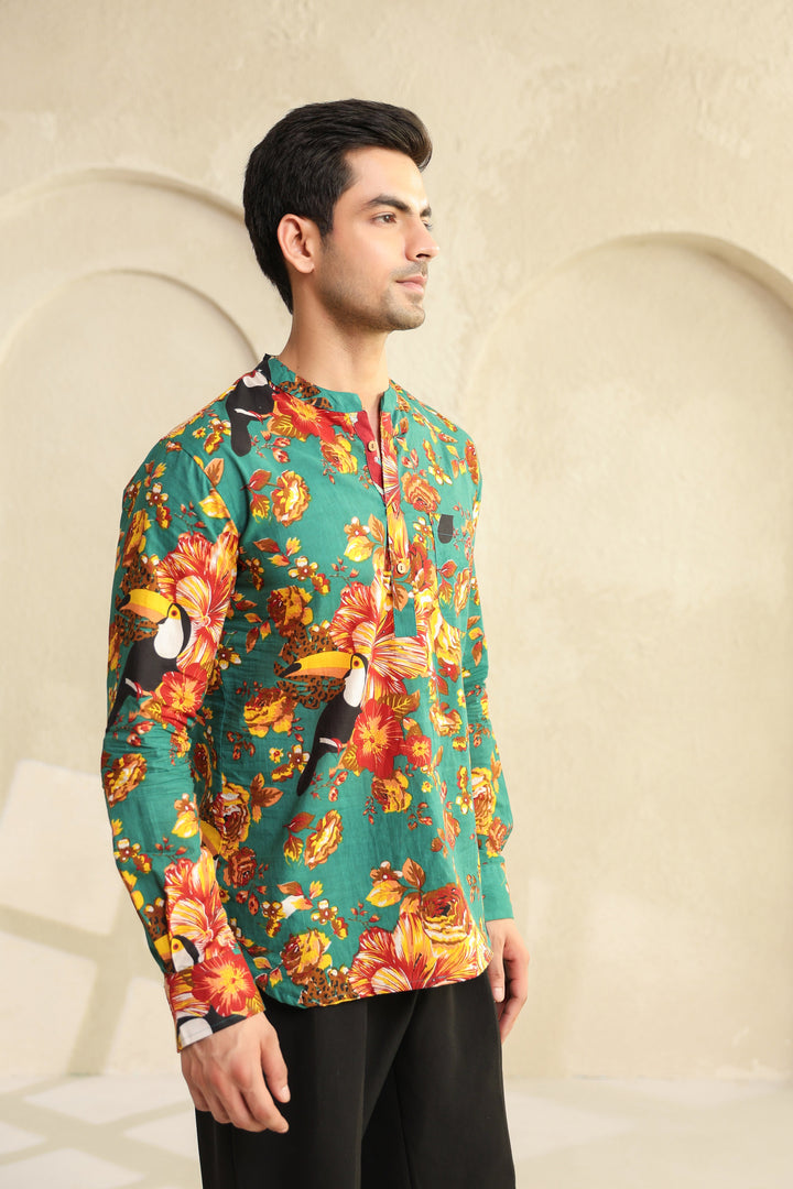 Teal Floral Regular Shirt Kurta