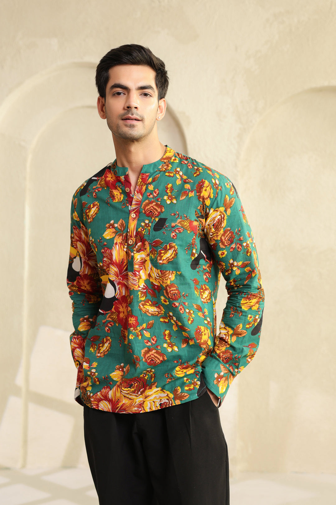 Teal Floral Regular Shirt Kurta