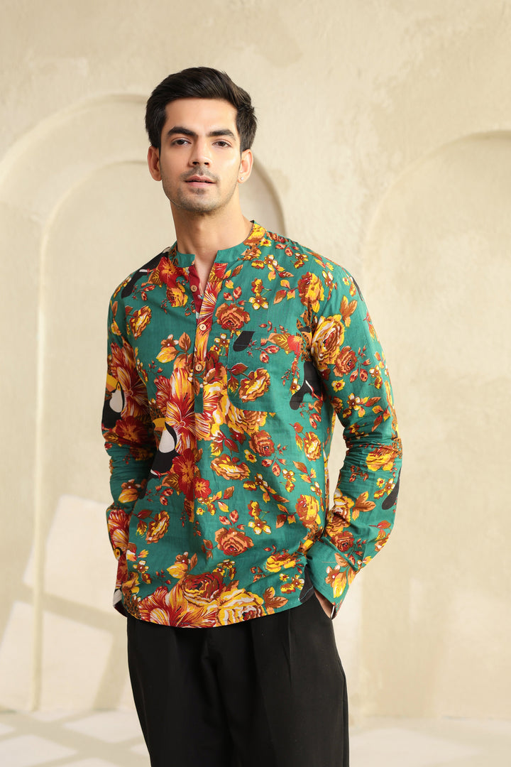 Teal Floral Regular Shirt Kurta
