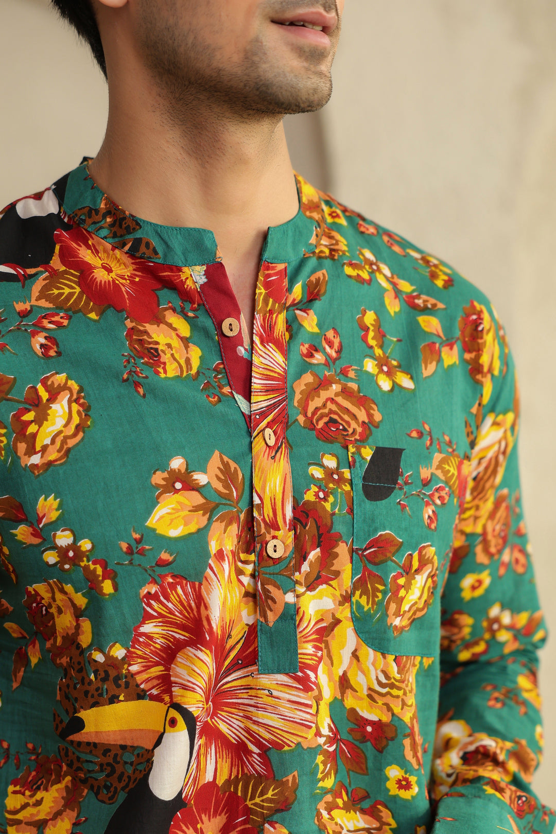 Teal Floral Regular Shirt Kurta