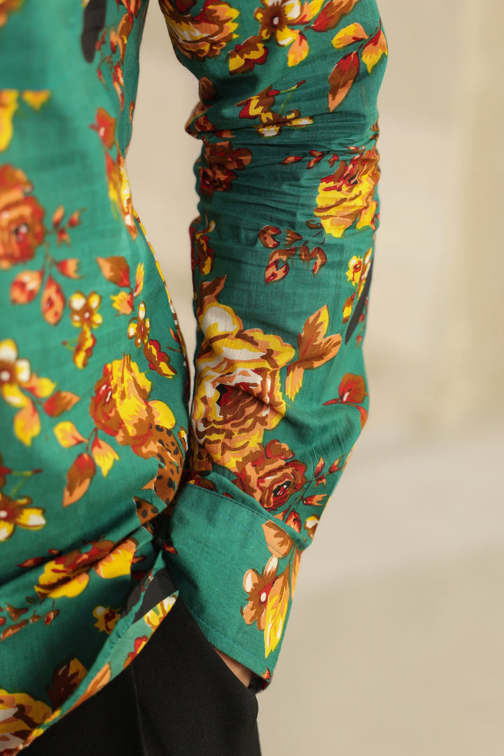 Teal Floral Regular Shirt Kurta