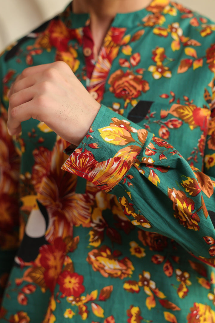 Teal Floral Regular Shirt Kurta