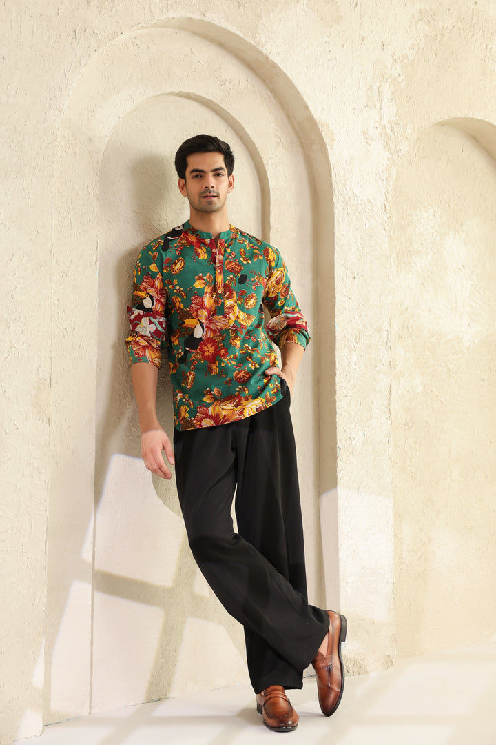 Teal Floral Regular Shirt Kurta