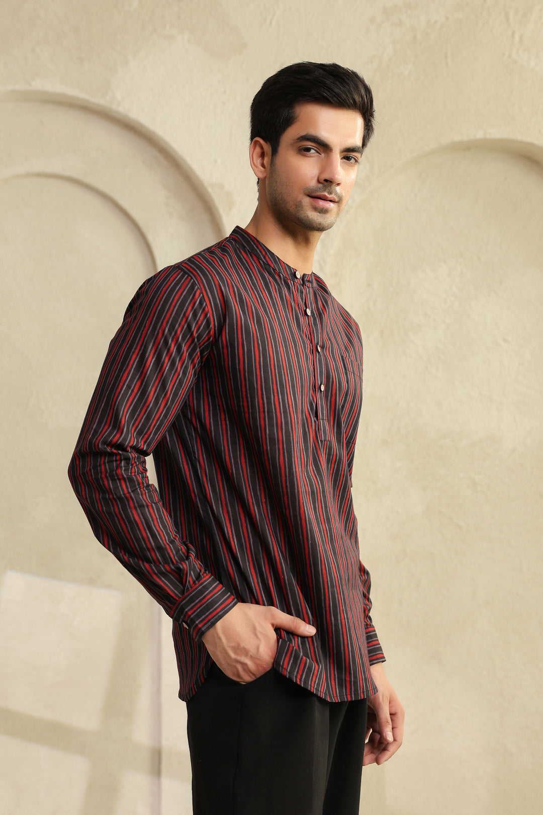 Black Red Stripe Shirt Kurta