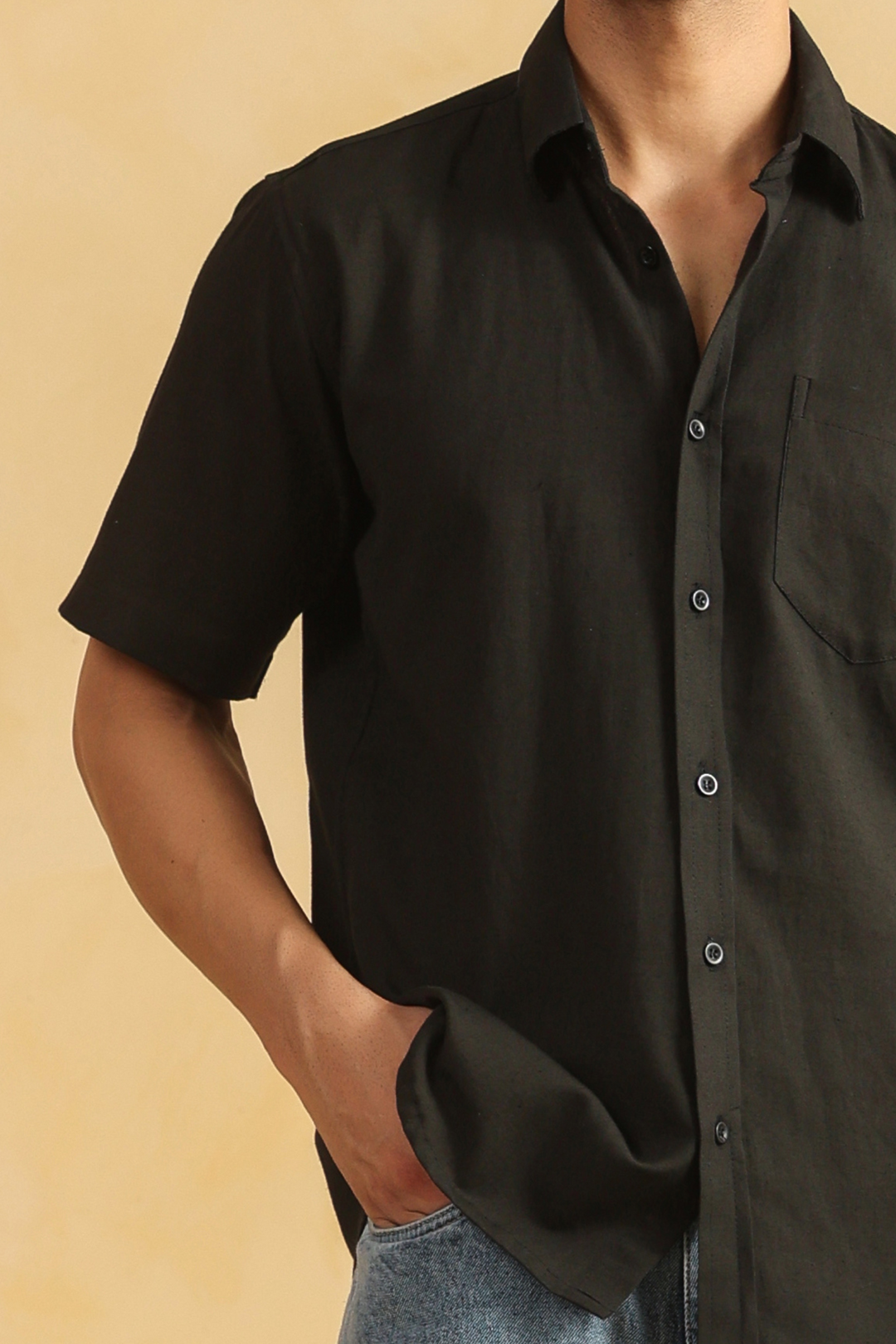 Black Linen Blend Half Sleeve Shirt