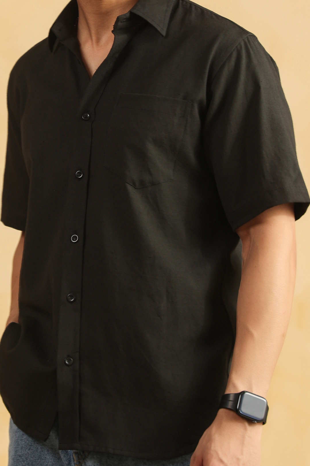 Black Linen Blend Half Sleeve Shirt