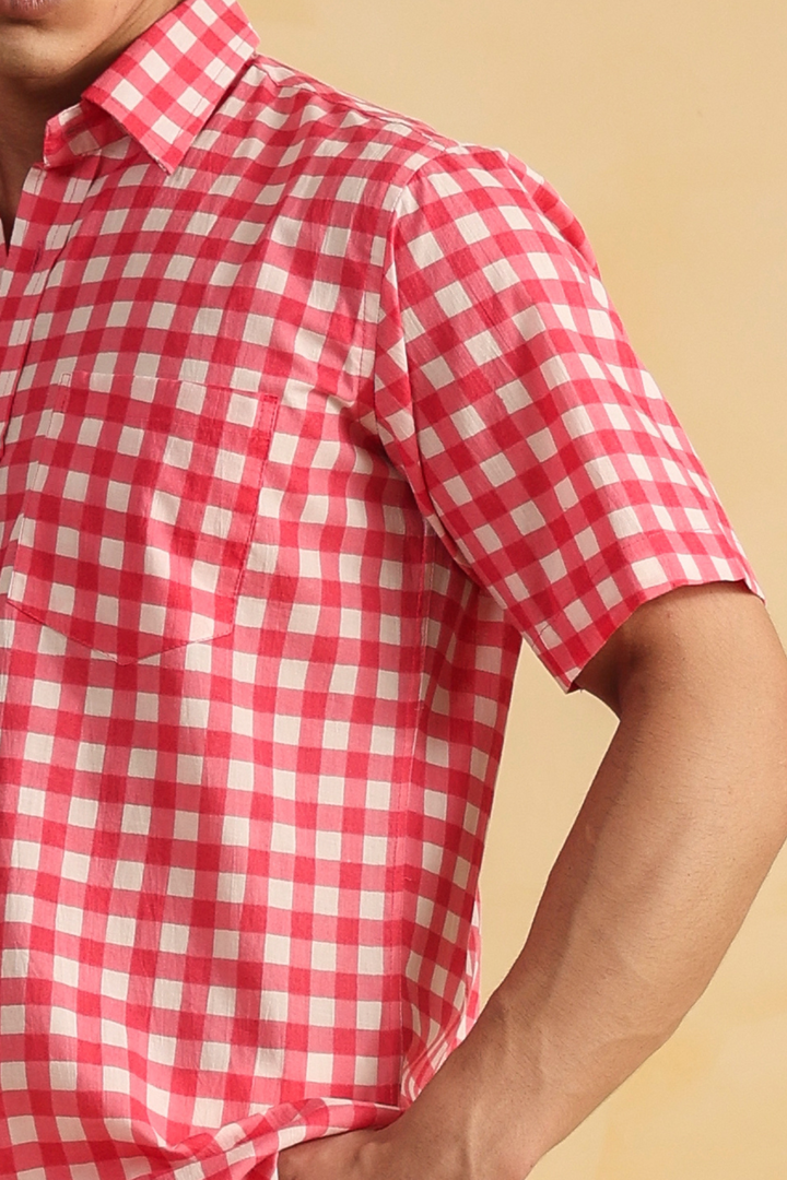 Pink Checks Half Sleeve Cotton Shirt