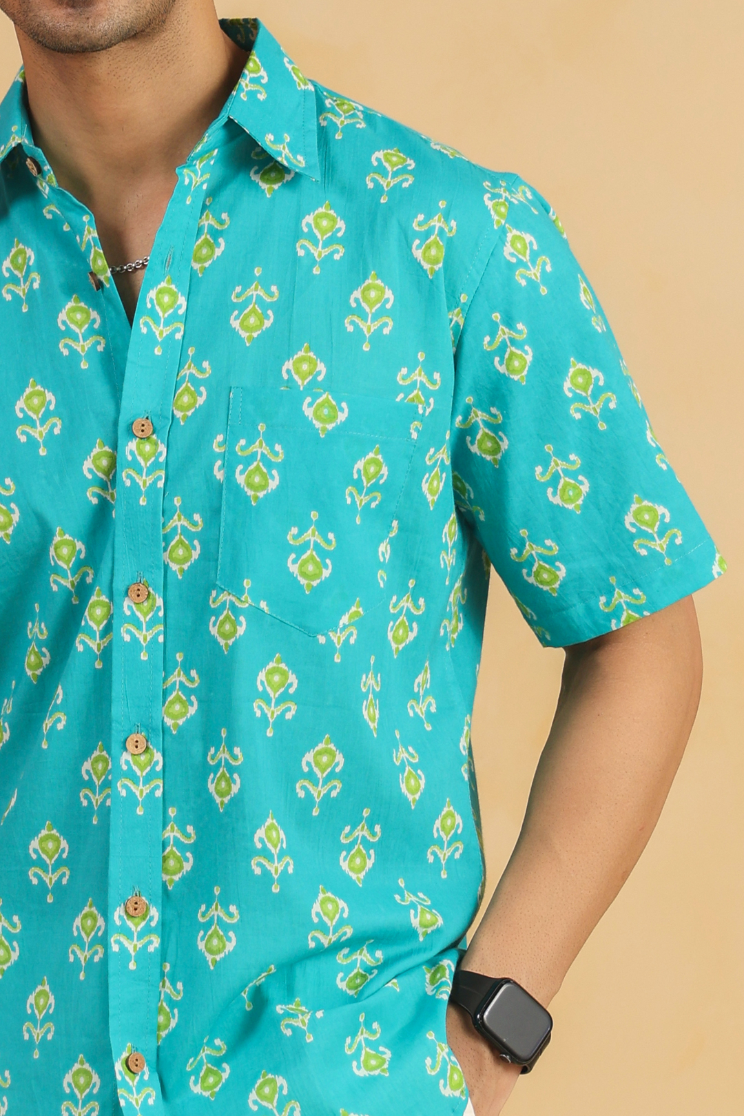 Turquoise Cotton Half Sleeve Shirt