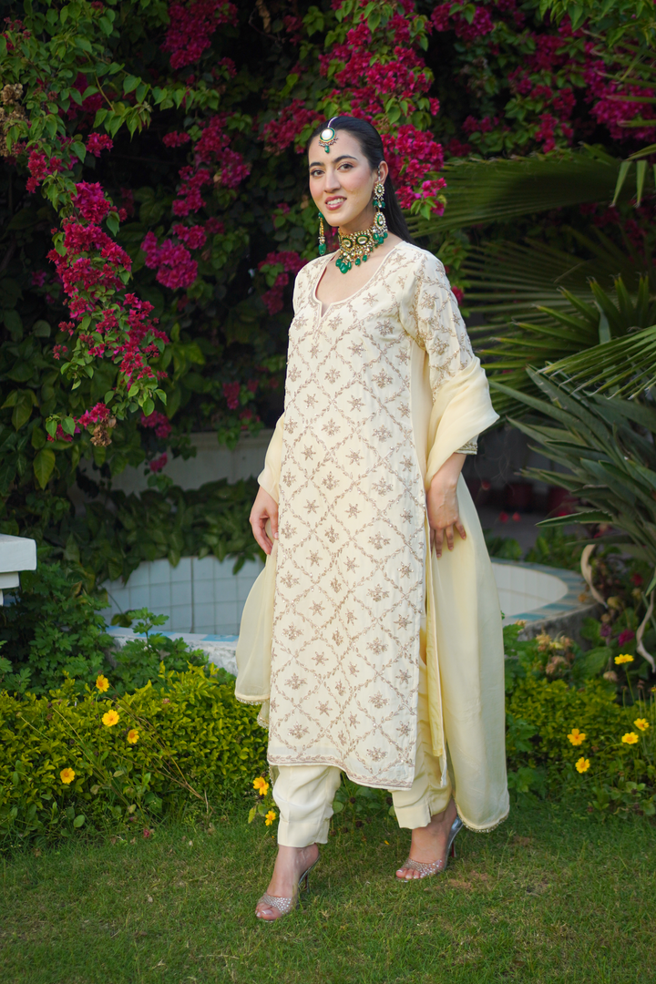 Sona Yellow Crepe Zardozi Set