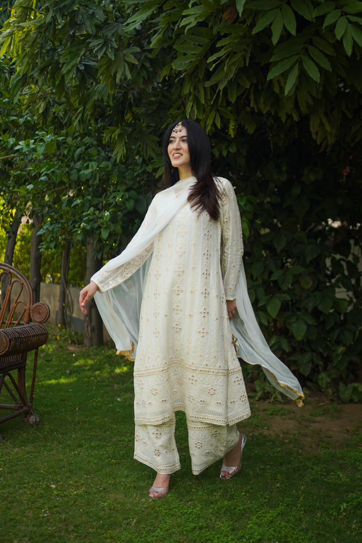 White A-line Chikankari Set